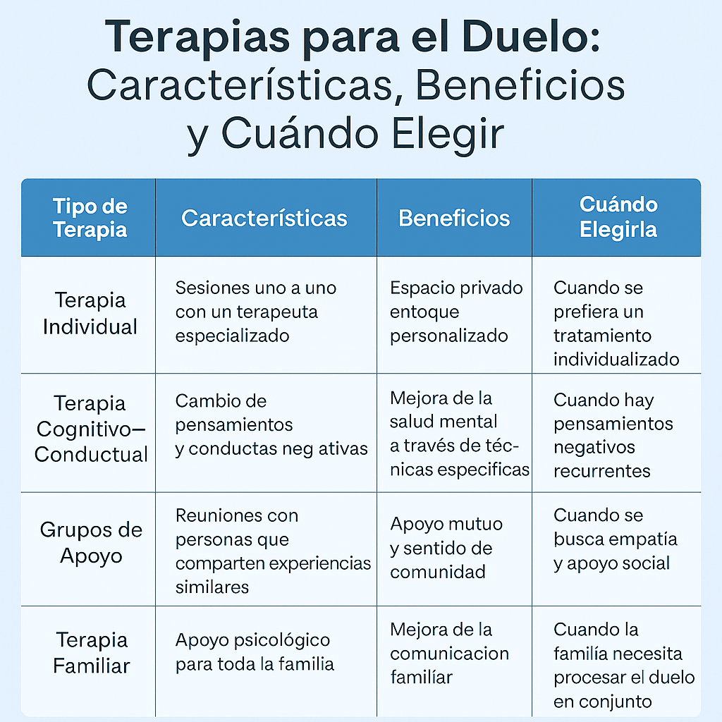 Comparativa de Terapias para el Duelo: Caracteristicas, Beneficios y Cuando Elegir Cada Una